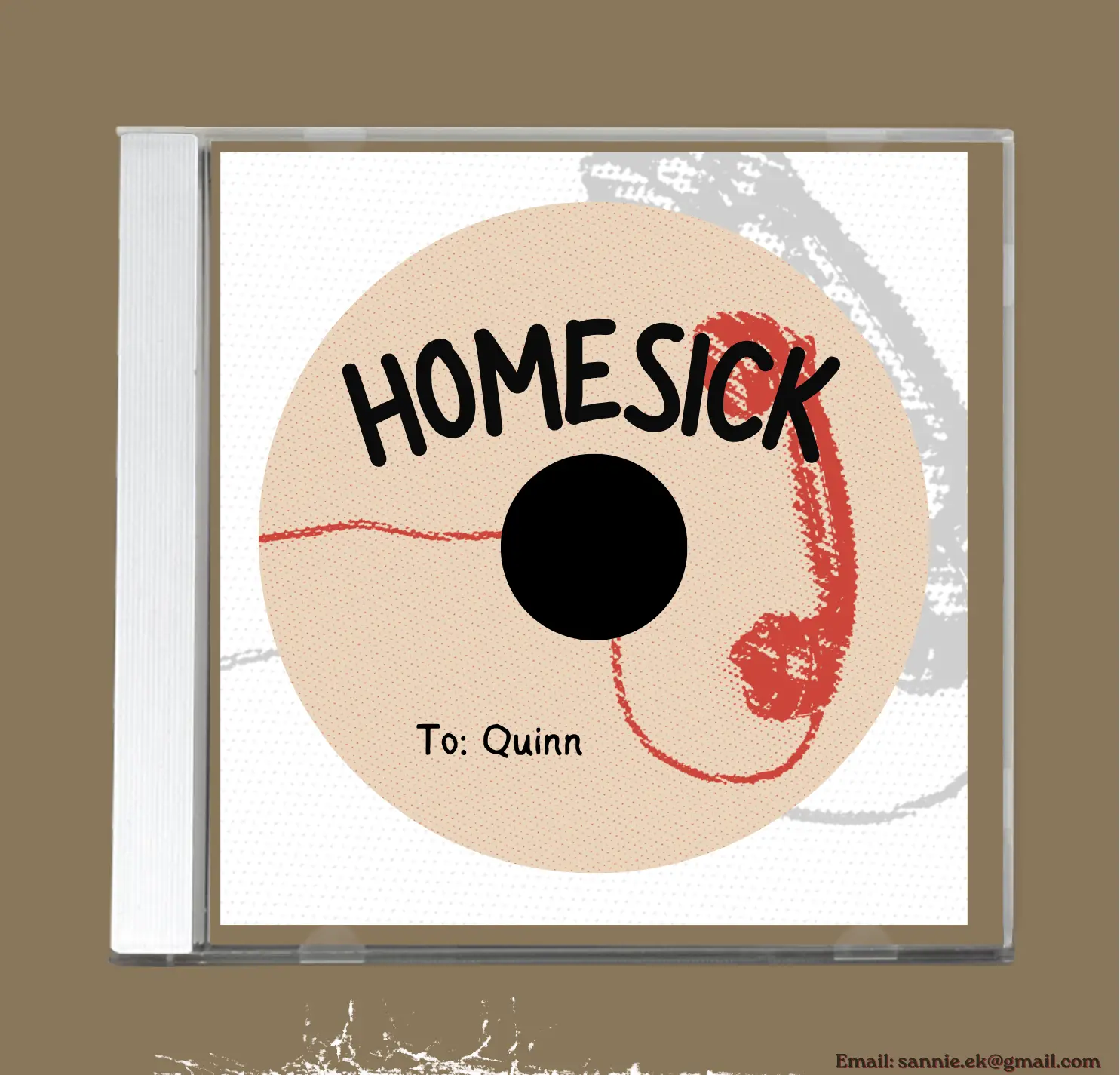 Album cover for “HOMESICK,” featuring a beige CD with red scribbles, addressed “To: Quinn,” evoking a playful, nostalgic mood.