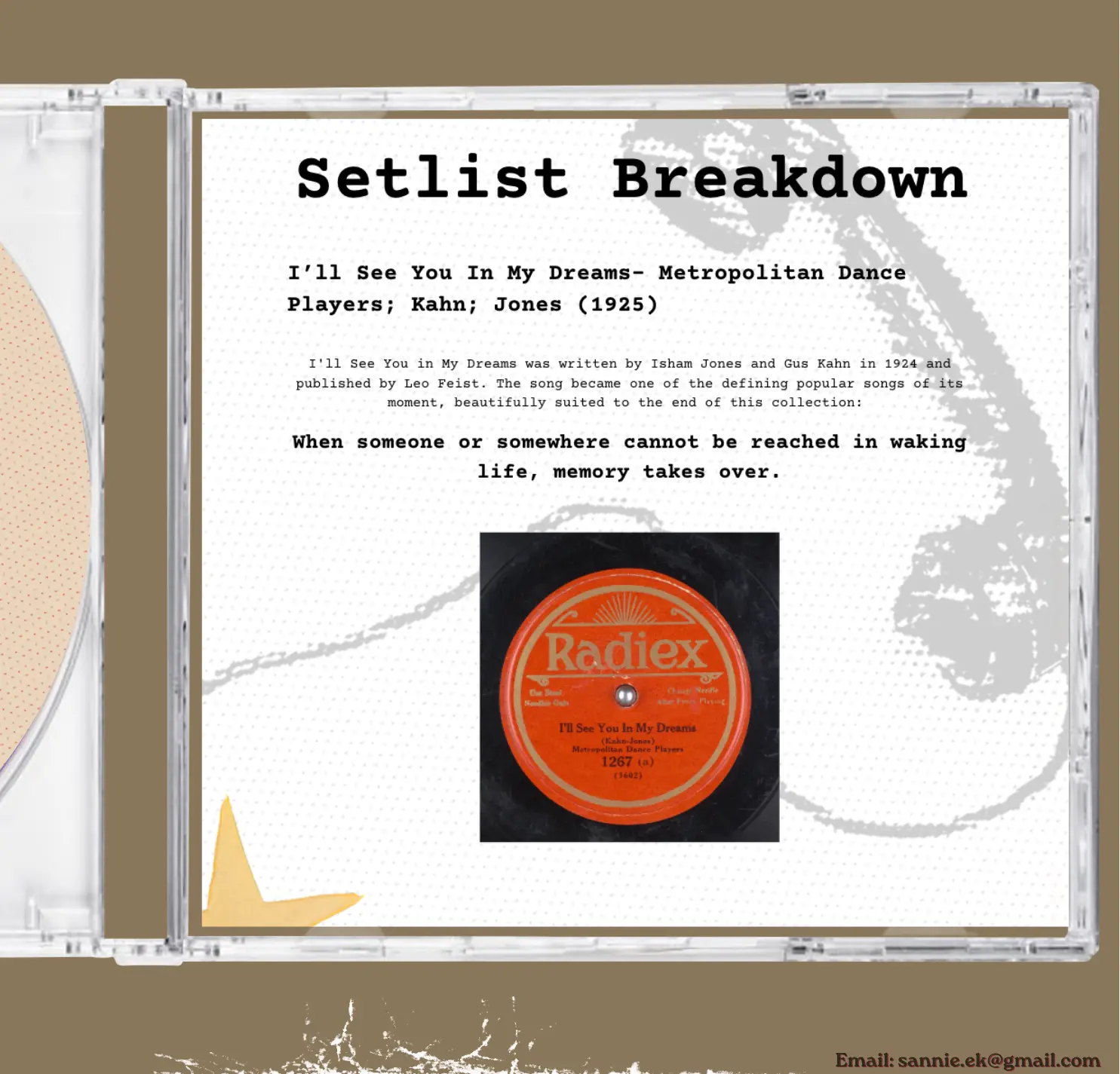 CD booklet page titled "Setlist Breakdown" with graphic for “I’ll See You in My Dreams”, featuring a vintage Radiex record label and nostalgic text about memory and loss.