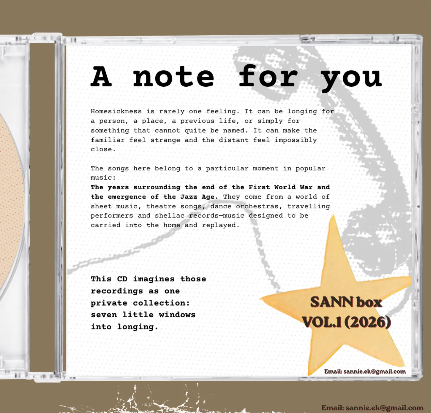 CD booklet page titled “A note for you,” with typewritten text about homesickness and longing, plus a yellow star reading “SANN box VOL.1 (2026).”